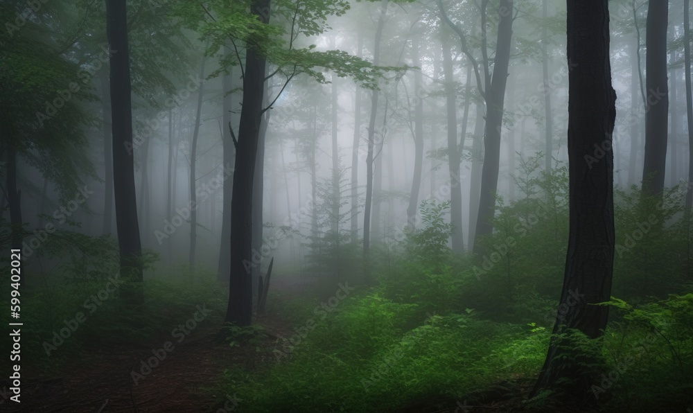 a foggy forest filled with lots of trees and ferns. generative ai a foggy forest filled with lots of trees and ferns. generative ai