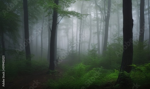  a foggy forest filled with lots of trees and ferns.  generative ai