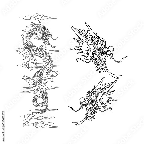 Fotomurale Outline Chinese dragon illustration for tattoo design logo vector design