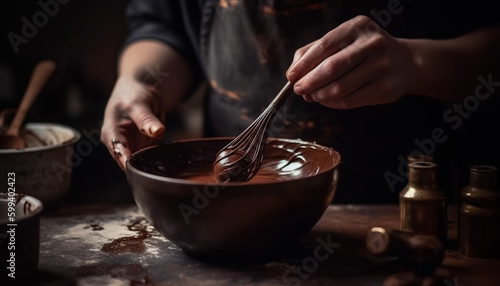 Handmade chocolate dessert preparation on rustic table generated by AI