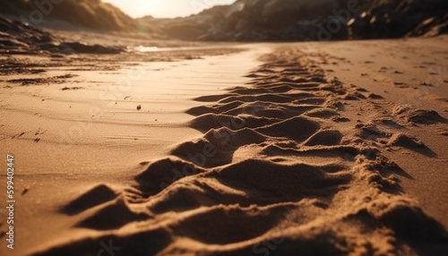 Sunset over sand dunes creates rippled pattern generated by AI