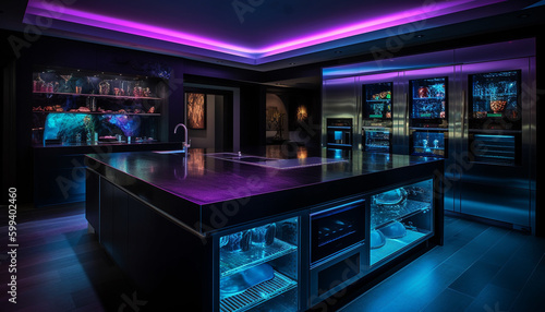 Luxury nightclub bar illuminated with bright blue lighting generated by AI