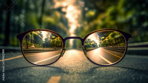 Road leading towards a bright light source seen through a pair of glasses, with a blurred background. Generative AI © ColdFire
