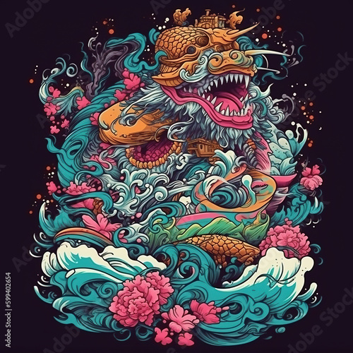 Oriental tattoo. Surrealism, fantasy, art, vibrant colors. Generated by AI.