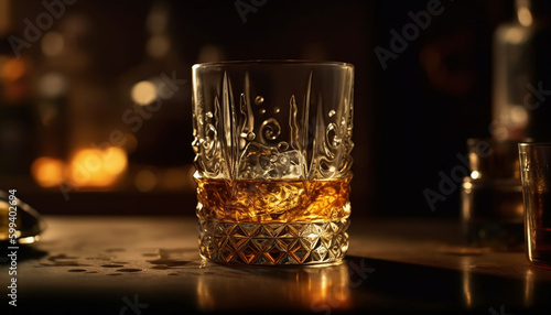 Luxury whiskey glass reflects elegant celebration ambiance generated by AI