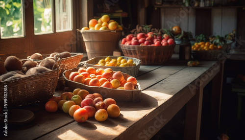 Rustic basket of ripe organic vegetables and fruit generated by AI