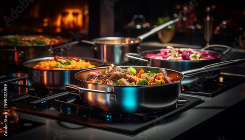 Fresh vegetables cooking on stove top flame generated by AI