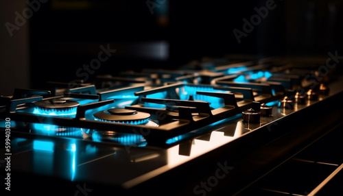 Glowing blue flame on stainless steel stove top generated by AI