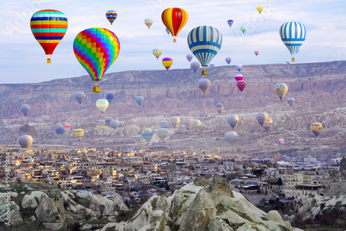 Hot air balloon flying over spectacular Cappadocia, Uchisar - Goreme, Turkey © Birol Dincer 