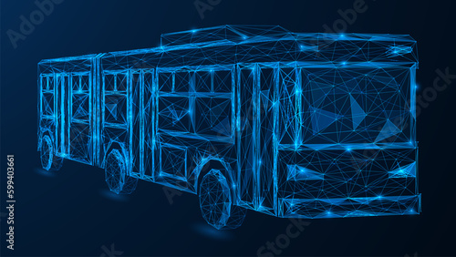Passenger bus. Polygonal design of interconnected lines and points. Blue background.