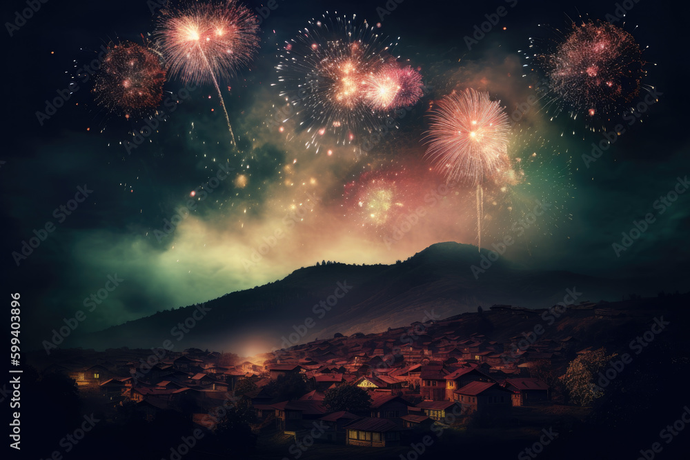 Bright fireworks are burning against a black background, a dark night time frame.