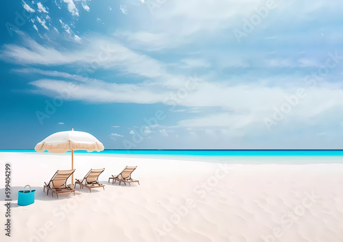 Sunbeds and an umbrella on the white sand. Rest by the sea. Rest in the ocean. Generative AI