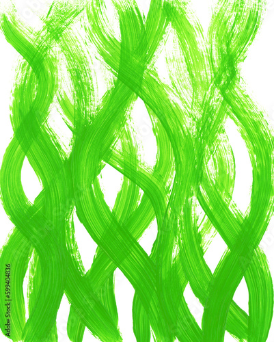 Green wavy lines from bottom to top. Abstract spring green grass or seaweed concept. Bright green paint brushstrokes, artistic vertical background with copy space.