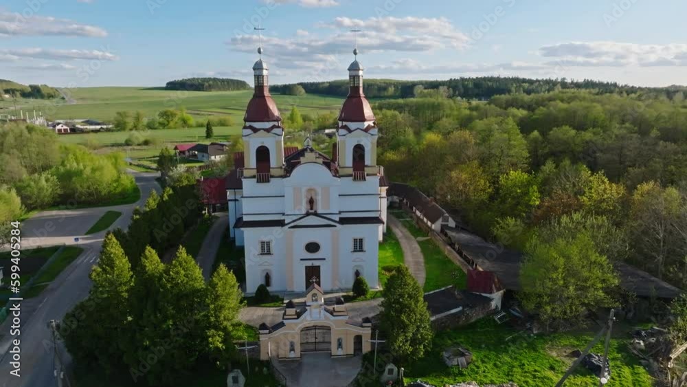 aerial view on old baroque temple or catholic church in countryside aerial view on old baroque temple or catholic church in countryside