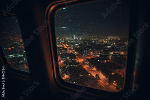 View of the night city from the airplane window. Night cityscape. Travel and tourism. Generative AI
