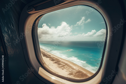 View of the beach and sea the airplane window. Travel and tourism concept. Generative AI © barmaleeva