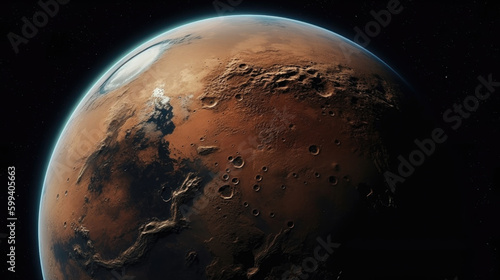 View of Mars from space. 3d rendering, background, wallpaper. Generative AI. 