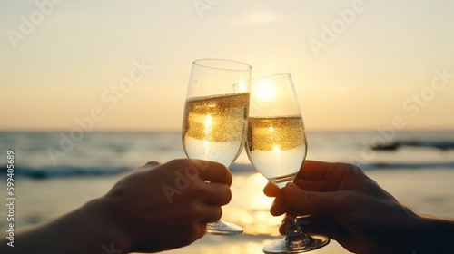 Hands holding champagne glasses over the sea. Romantic vacation. Generative ai