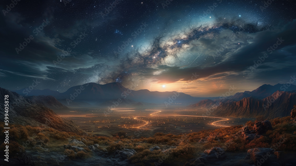 Fantasy alien planet. Mountain and nebula. 3D illustration
Fantasy alien planet. Mountain and nebula. 3D illustration