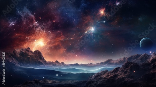 Fantasy landscape with lake, moon and stars. 3d rendering
