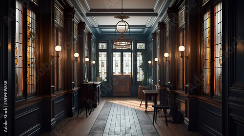 A long hallway with a table and chairs. AI generative. Dark academia style, victorian style mansion interior design with wooden stairs. Generative AI