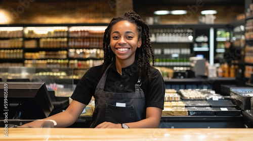 Cashier smiling, supermarket, behind the counter, checkout, diversity, positive worker, woman, generative ai