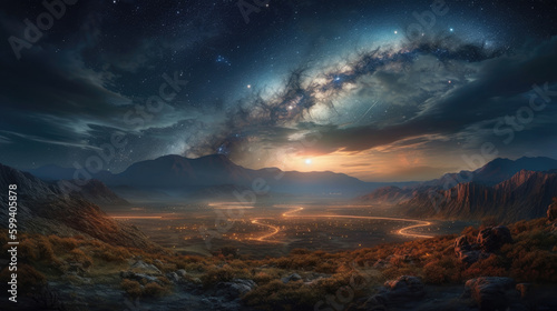 Fantasy alien planet. Mountain and nebula. 3D illustration 