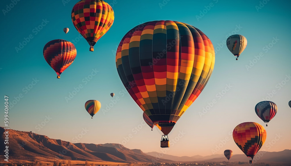 Vibrant hot air balloon soars over mountains generated by AI