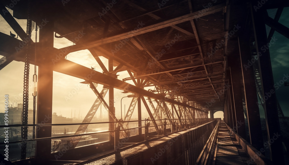 Fototapeta premium Sunlit steel frame reflects futuristic cityscape at dusk generated by AI