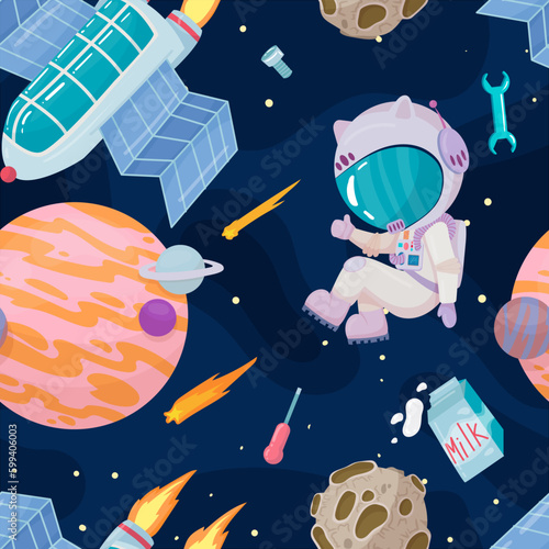 Cosmonaut in outer space. UFOs, spaceships, rockets. Solar system, intergalactic travel. Galaxies, planets, asteroids, comets, shooting stars. Vector illustration in cartoon style on  background.