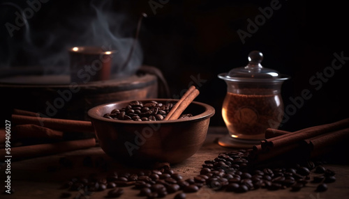 Dark coffee bean on rustic wood table generated by AI