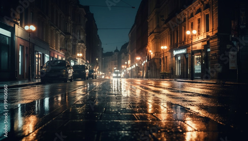 Illuminated city street  blurred motion  vanishing point generated by AI