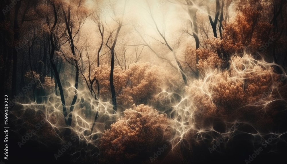 Spooky forest ablaze with fiery autumn leaves generated by AI - obrazy, fototapety, plakaty 