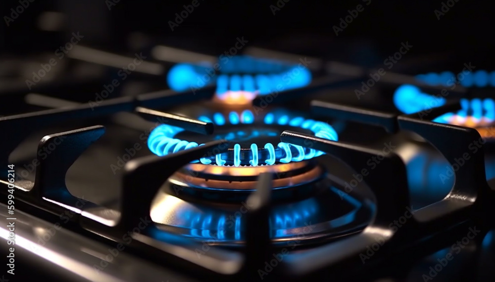 Glowing blue flame on stove top burner generated by AI Glowing blue flame on stove top burner generated by AI