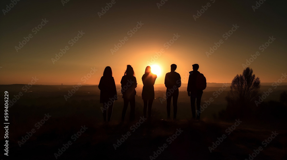 Silhouettes group of friends together at sunset. Generative ai