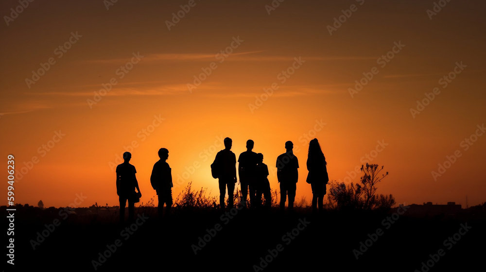 Silhouettes group of friends together at sunset. Generative ai