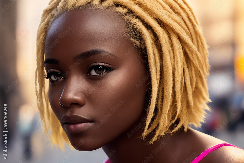 A beautiful african american woman portrait, city street as background. Generative AI. A beautiful african american woman portrait, city street as background. Generative AI.