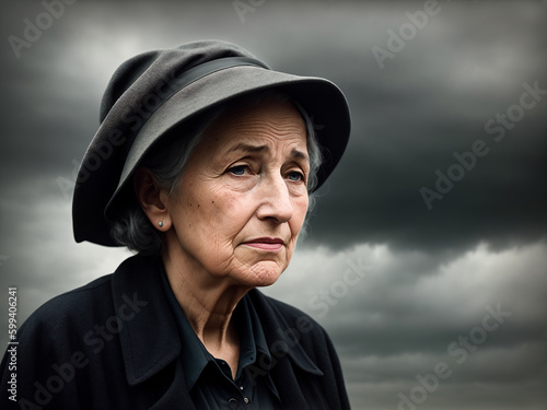 Dramatic portrait of an elderly woman, late autumn landscape as background, dark sky with storm clouds. Generative AI. © soleg