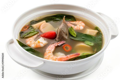 Sinigang, sour soup from Philippines typically made with tamarind and meat or seafood, AI generative Filipino dish. Generative AI photo
