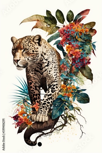 a Jaguar surrounded by rainforest flowers and foliage, on a white background, creating a beautiful vignette, perfect for a t-shirt/apparel design. rainforest wildlife, Wildlife-themed. generative ai © Purple Penguin GFX