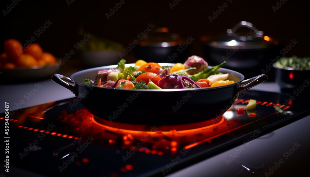 Fresh vegetables cooking on stove top flame generated by AI Fresh vegetables cooking on stove top flame generated by AI