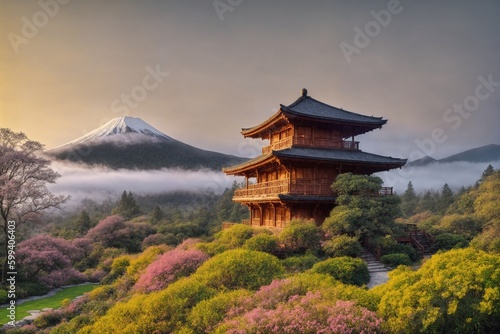 Wallpaper Mural Sakura blossoms in japanese style ornamental garden, beautiful landscape. Generative AI. Torontodigital.ca