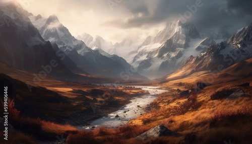 Majestic mountain peak reflects tranquil autumn sunset generated by AI
