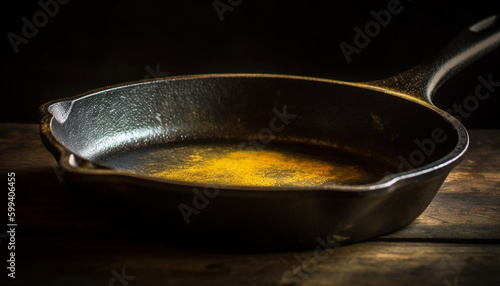 Rustic cast iron frying pan cooks healthy meal generated by AI