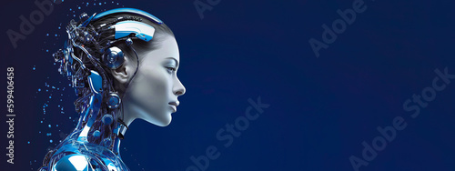 A humanoid robot on a blue background. Banner, place for text. AI generation. photo