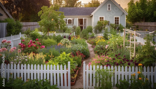 Fresh flowers bloom in landscaped front yard generated by AI