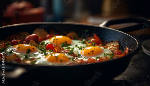 Freshly cooked vegetarian meal with fried egg generated by AI