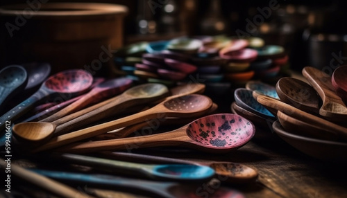 Wooden kitchen utensils collection, rustic and homemade generated by AI