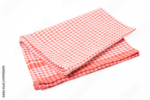 Kitchen towel.Red checkered napkin isolated on white background. Picnic towel. Home textiles. Picnic decoration element.