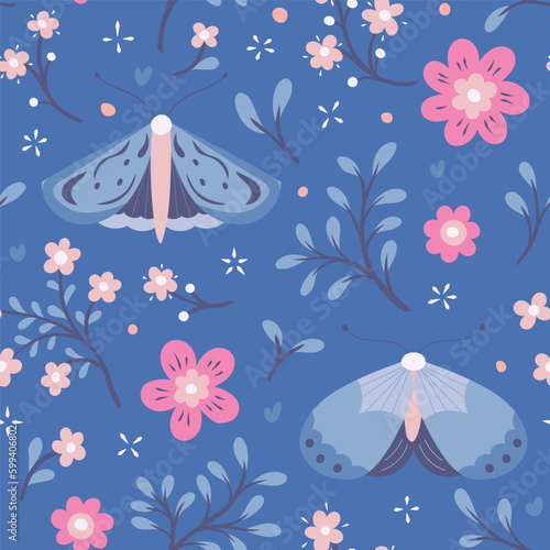 Cute vector floral seamless pattern with butterflies. Colorful flowers background. Trendy repeat texture for fashion print, wallpaper or fabric.